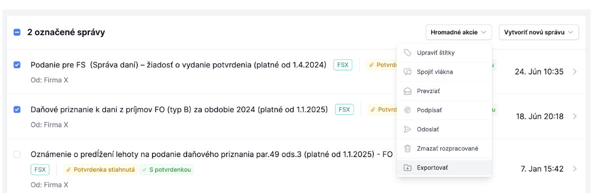 Výber správ na export
