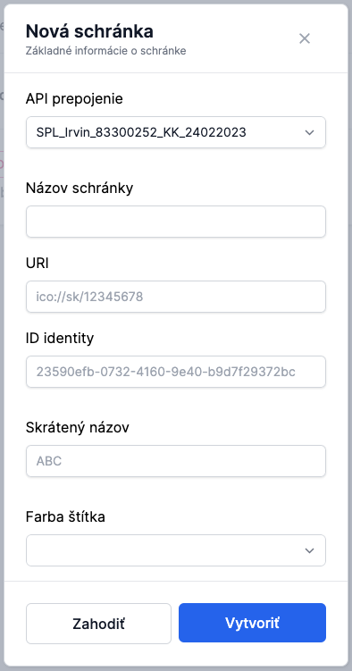 Formulár pripojenia schránky